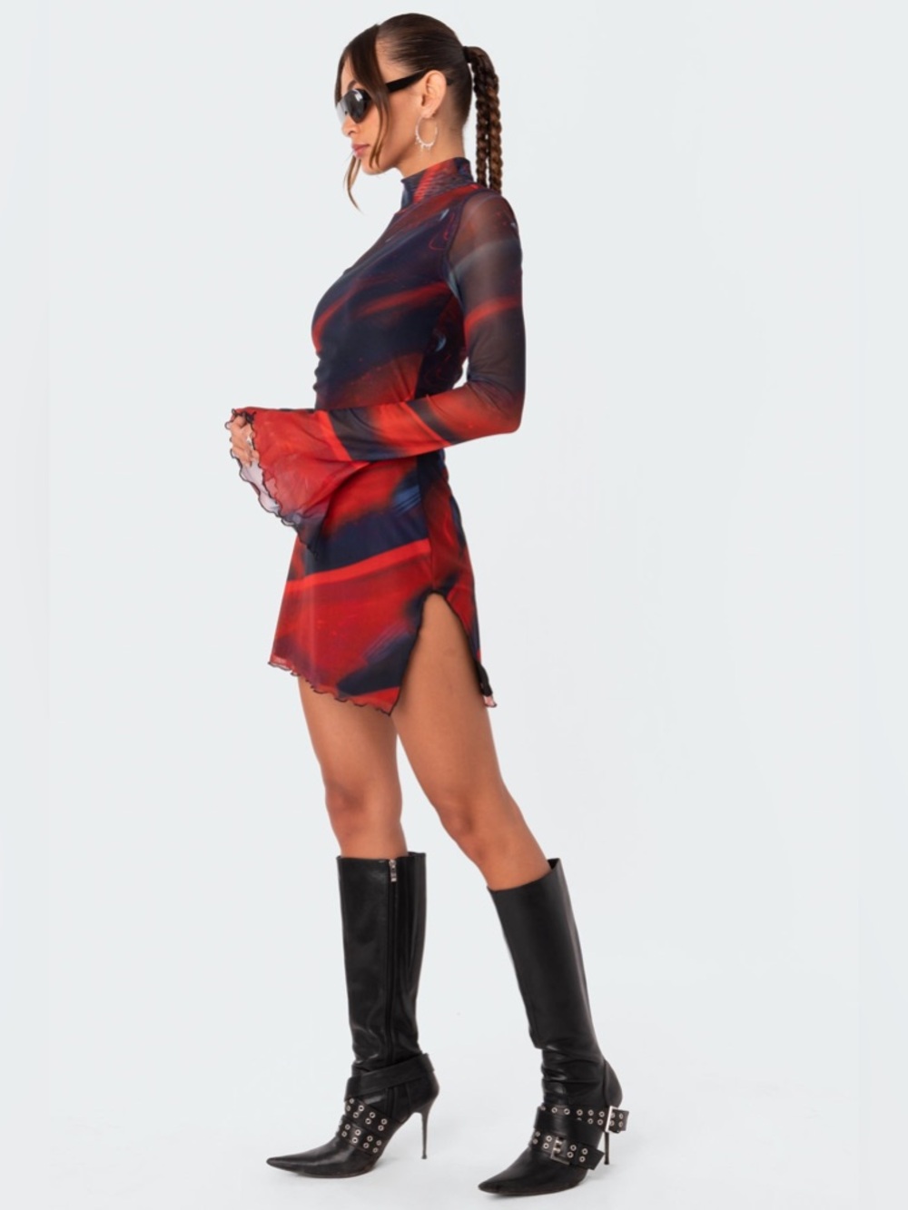 Edikted Sparks Fly Mesh Mini Dress Red Black Swirl Slit Bell Sleeve Medium New